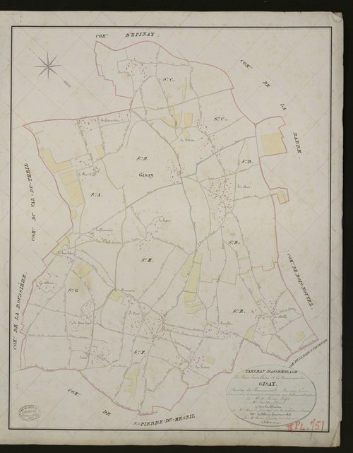 Gisay-la-Coudre. Tableau d'assemblage _ du Plan Parcellaire de la Commune de Gisay. _ Canton de Beaumesnil - Bernay - Eure. _ Terminé sur le terrain le 4 avril 1833 sous l'administration de M. A. Passy, Préfet _ M. Perette, maire _ en sous 