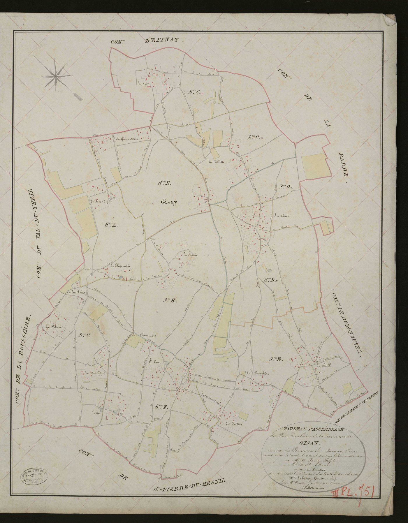 Gisay-la-Coudre. Tableau d'assemblage _ du Plan Parcellaire de la Commune de Gisay. _ Canton de Beaumesnil - Bernay - Eure. _ Terminé sur le terrain le 4 avril 1833 sous l'administration de M. A. Passy, Préfet _ M. Perette, maire _ en sous 
