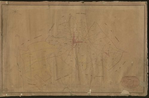 Gisors. Tableau d'assemblage du Plan Parcellaire de la Commune de Gisors. _ Canton de Gisors - Andelys - Eure. _ Terminé sur le terrain le 25 août 1840, sous l'administration de M. de Monicault, Préfet - M. Rouget, Maire et sous la directio