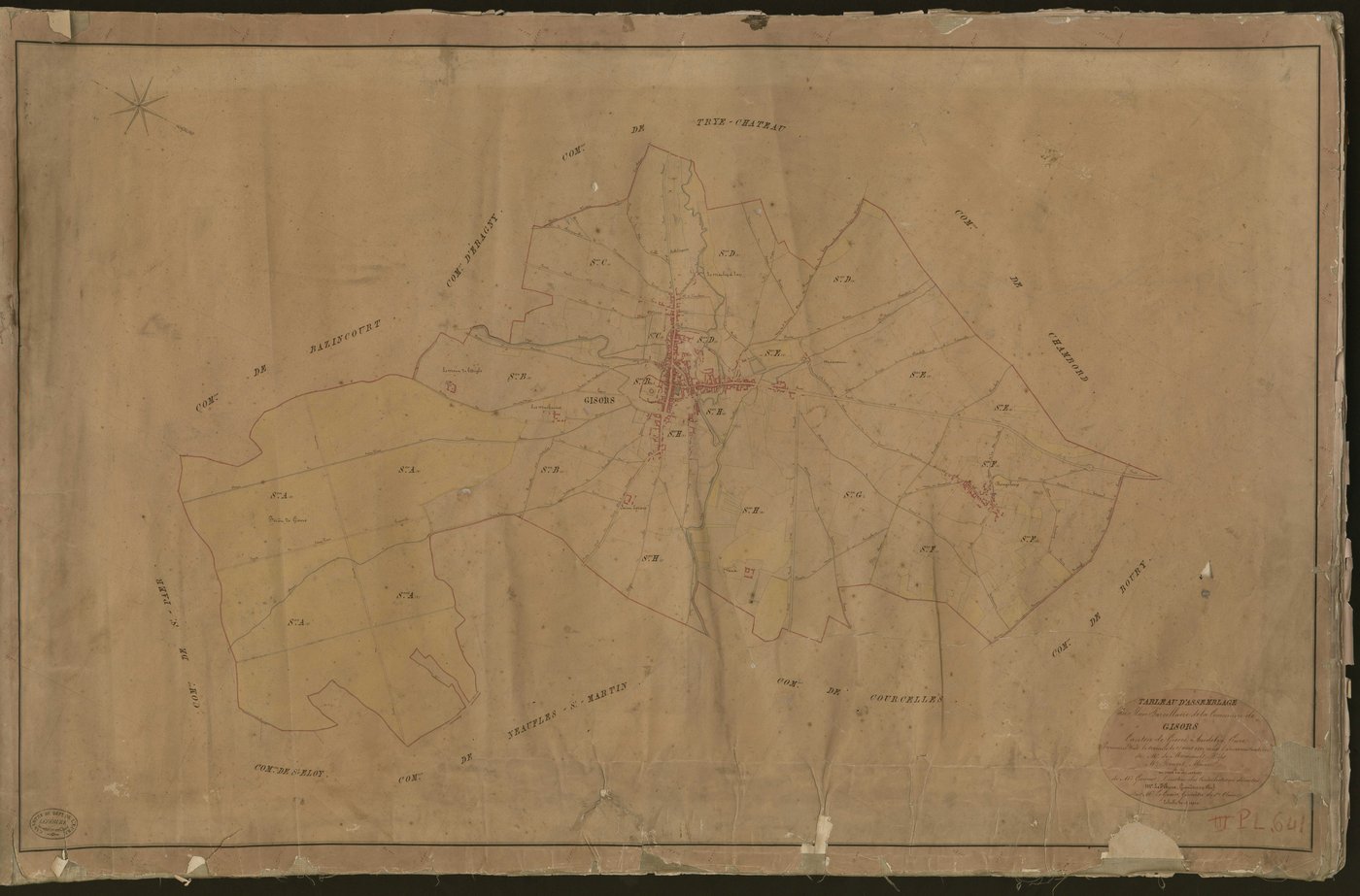 Gisors. Tableau d'assemblage du Plan Parcellaire de la Commune de Gisors. _ Canton de Gisors - Andelys - Eure. _ Terminé sur le terrain le 25 août 1840, sous l'administration de M. de Monicault, Préfet - M. Rouget, Maire et sous la directio