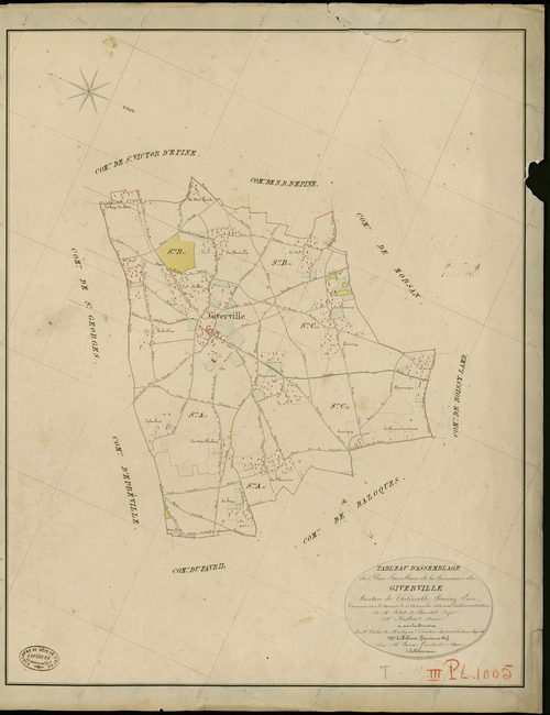 Giverville. Tableau d'assemblage _ du Plan Parcellaire de la Commune de Givervillet _ Canton de Thiberville - Bernay - Eure. _ Terminé sur le Terrain le 20 Novembre 1846 , sous l'administration de M. Petit de Bantel, Préfet _ M. Halbout, Ma