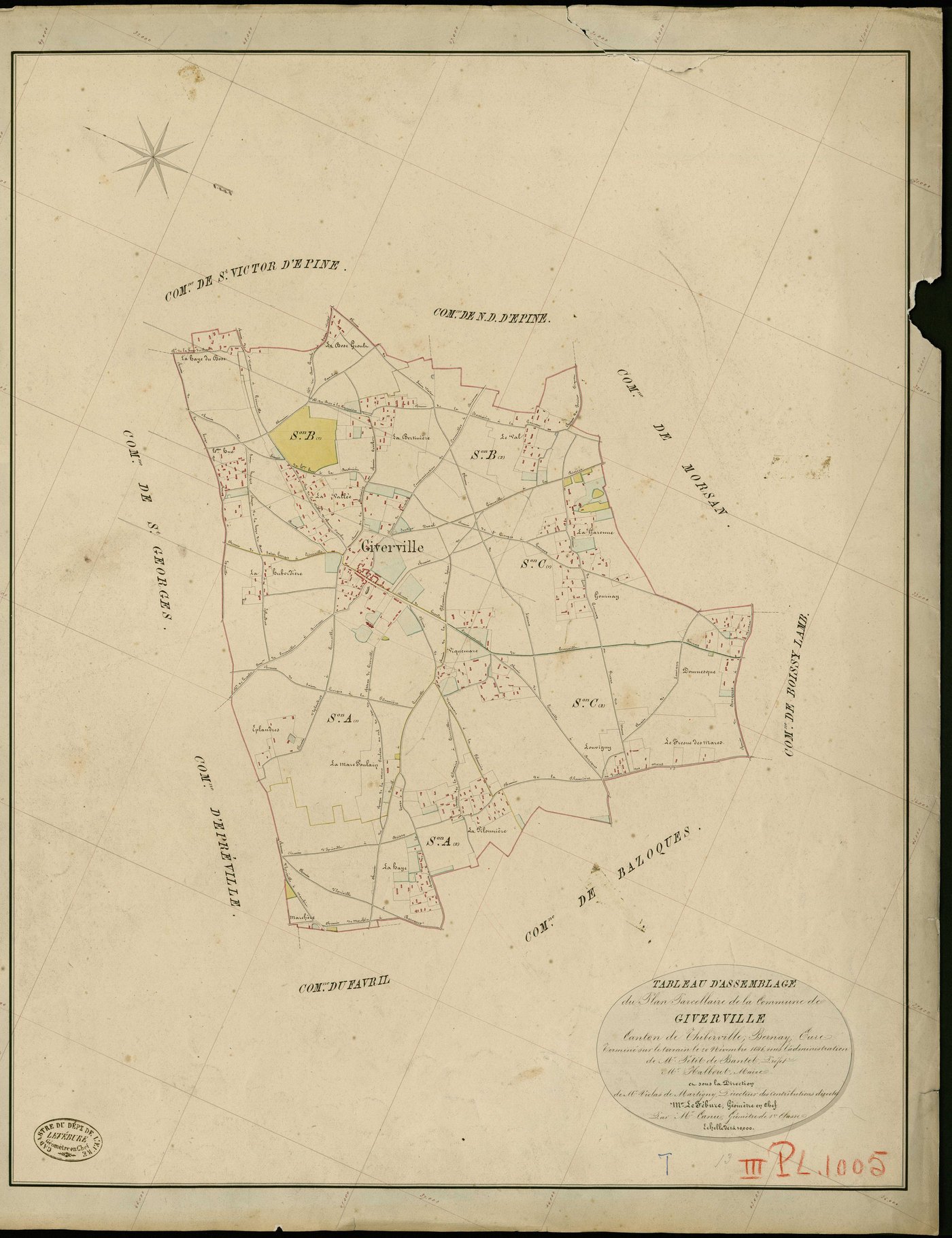 Giverville. Tableau d'assemblage _ du Plan Parcellaire de la Commune de Givervillet _ Canton de Thiberville - Bernay - Eure. _ Terminé sur le Terrain le 20 Novembre 1846 , sous l'administration de M. Petit de Bantel, Préfet _ M. Halbout, Ma