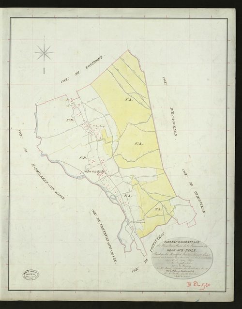Glos-sur-Risle. Tableau d'assemblage _ du Plan Parcellaire de la Commune de Glos-sur-Risle _ Canton de Montfort - Pontaudemer - Eure. _ Terminé sur le Terrain le 18 mars 1832, sous l'administration de M. A Passy, Préfet _ M. Lerefait, Maire