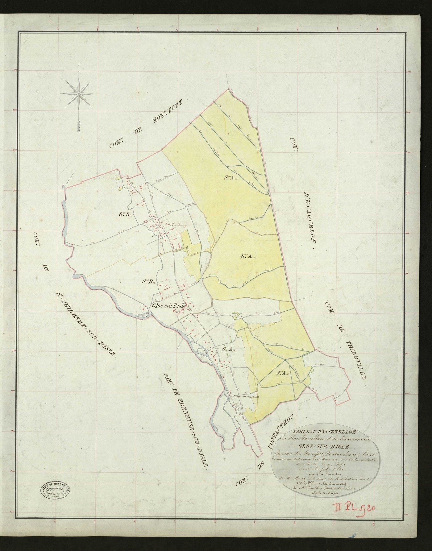 Glos-sur-Risle. Tableau d'assemblage _ du Plan Parcellaire de la Commune de Glos-sur-Risle _ Canton de Montfort - Pontaudemer - Eure. _ Terminé sur le Terrain le 18 mars 1832, sous l'administration de M. A Passy, Préfet _ M. Lerefait, Maire