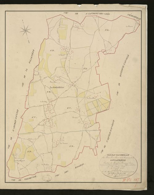 Goulafrière (La). Tableau d'assemblage _ du Plan Parcellaire de la Commune de la _ Goulafrière _ Canton de Broglie - Bernay - Eure. _ Terminé sur le terrain le 30 septembre 1831 sous l'administration _ de Mr Passy, Préfet _ Mr Lesieur, Mair