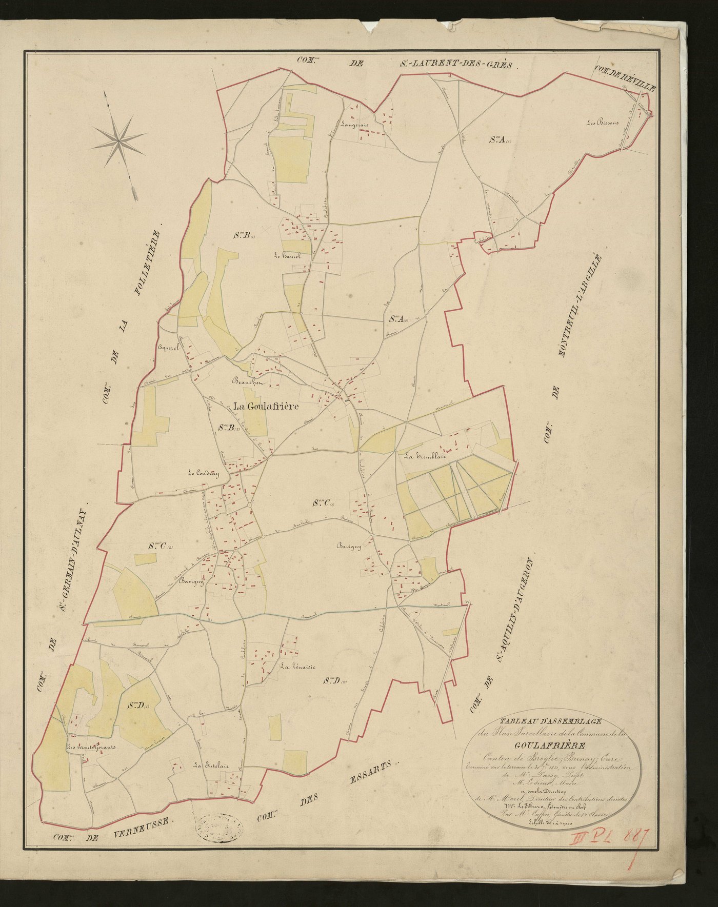 Goulafrière (La). Tableau d'assemblage _ du Plan Parcellaire de la Commune de la _ Goulafrière _ Canton de Broglie - Bernay - Eure. _ Terminé sur le terrain le 30 septembre 1831 sous l'administration _ de Mr Passy, Préfet _ Mr Lesieur, Mair