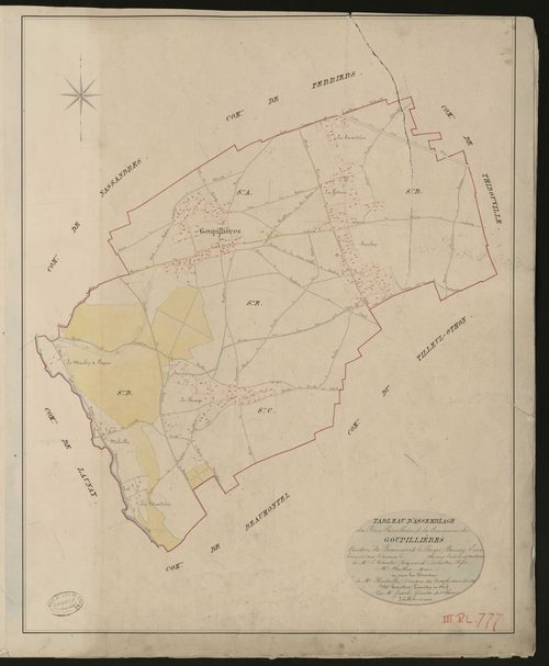 Goupillières. Tableau d'assemblage du Plan Parcellaire de la Commune de Goupillières _ Canton de Beaumont-le-Roger - Bernay - Eure. _ Terminé sur le terrain le 1826, sous l'administration de M. Le Vicomte Raymond Delaitre, Préfet - M. Chrét