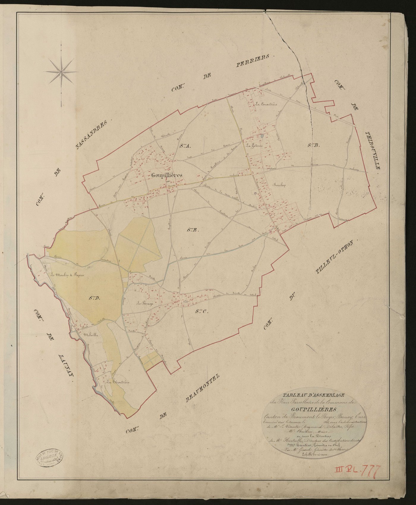 Goupillières. Tableau d'assemblage du Plan Parcellaire de la Commune de Goupillières _ Canton de Beaumont-le-Roger - Bernay - Eure. _ Terminé sur le terrain le 1826, sous l'administration de M. Le Vicomte Raymond Delaitre, Préfet - M. Chrét