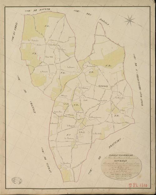 Gournay-le-Guérin. Tableau d'assemblage _ du Plan Parcellaire de la Commune de Gournay _ Canton de Verneuil - Evreux - Eure. _ Terminé sur le Terrain le 10 Février 1836, sous l'administration de M. A. Passy, Préfet _ M. Gouyer de Petitville
