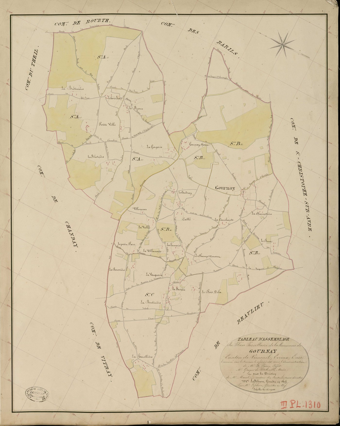 Gournay-le-Guérin. Tableau d'assemblage _ du Plan Parcellaire de la Commune de Gournay _ Canton de Verneuil - Evreux - Eure. _ Terminé sur le Terrain le 10 Février 1836, sous l'administration de M. A. Passy, Préfet _ M. Gouyer de Petitville