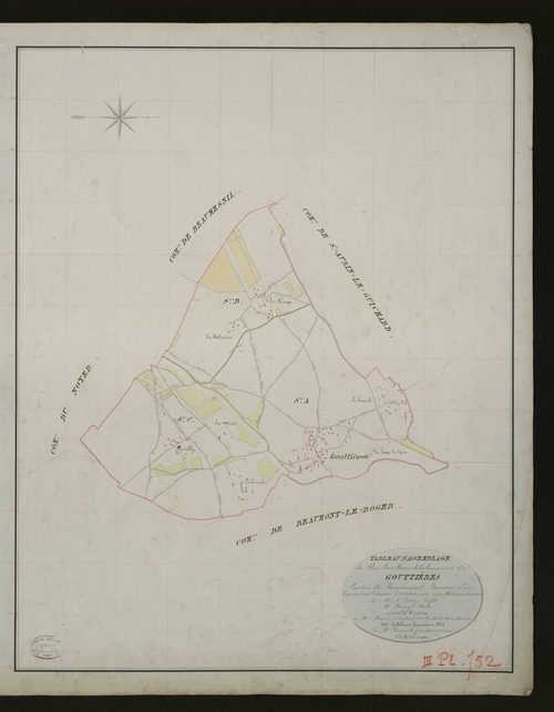 Gouttières. Tableau d'assemblage _ du Plan Parcellaire de la Commune de Gouttières. _ Canton de Beaumesnil - Bernay - Eure. _ Terminé sur le terrain le 22 octobre 1833 sous l'administration de M. A. Passy, Préfet _ M. Fessey, maire _ en sou