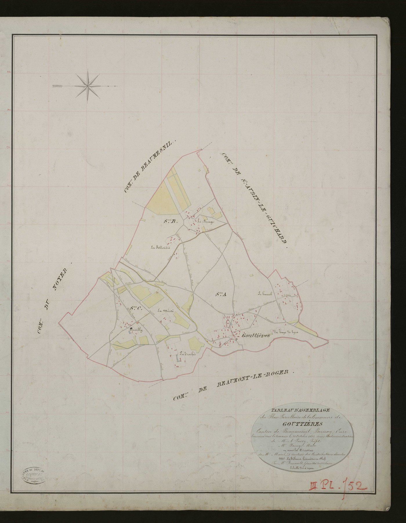 Gouttières. Tableau d'assemblage _ du Plan Parcellaire de la Commune de Gouttières. _ Canton de Beaumesnil - Bernay - Eure. _ Terminé sur le terrain le 22 octobre 1833 sous l'administration de M. A. Passy, Préfet _ M. Fessey, maire _ en sou