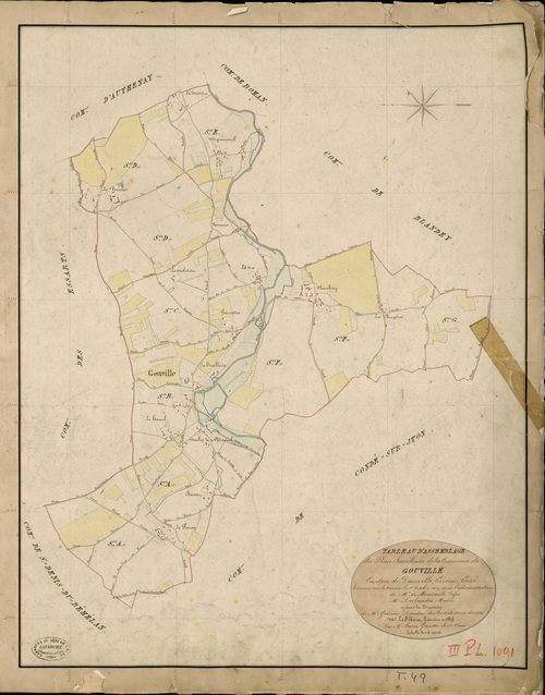 Gouville. Tableau d'assemblage _ du Plan Parcellaire de la Commune de Gouville _ Canton de Damville - Evreux - Eure. _ Terminé sur le Terrain le 1 Octobre 1838 , sous l'administration de M. de Monicault, Préfet _ M. Deslandes, Maire _ sous 