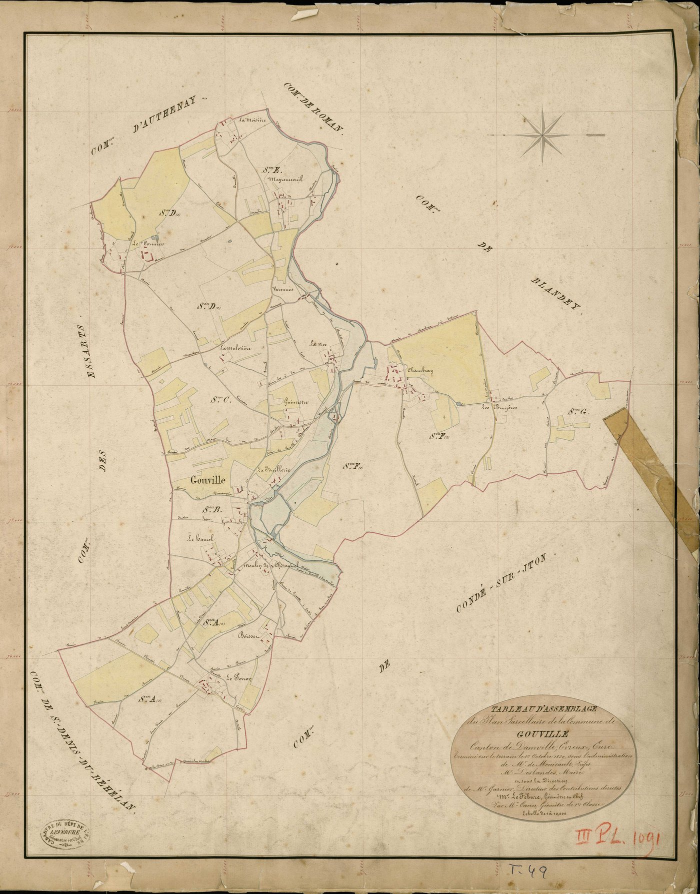 Gouville. Tableau d'assemblage _ du Plan Parcellaire de la Commune de Gouville _ Canton de Damville - Evreux - Eure. _ Terminé sur le Terrain le 1 Octobre 1838 , sous l'administration de M. de Monicault, Préfet _ M. Deslandes, Maire _ sous 