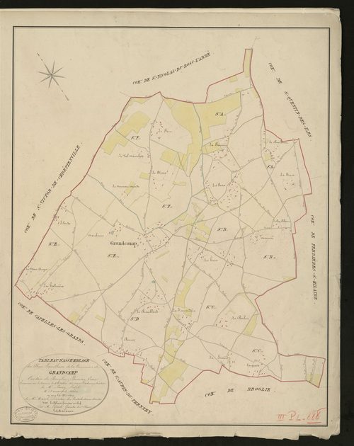 Grandcamp. Tableau d'assemblage _ du Plan Parcellaire de la Commune de _ Grandcamp _ Canton de Broglie - Bernay - Eure. _ Terminé sur le terrain le 4 octobre 1831 sous l'administration _ de Mr Passy, Préfet _ Mr Demargevt, Maire _ et sous l