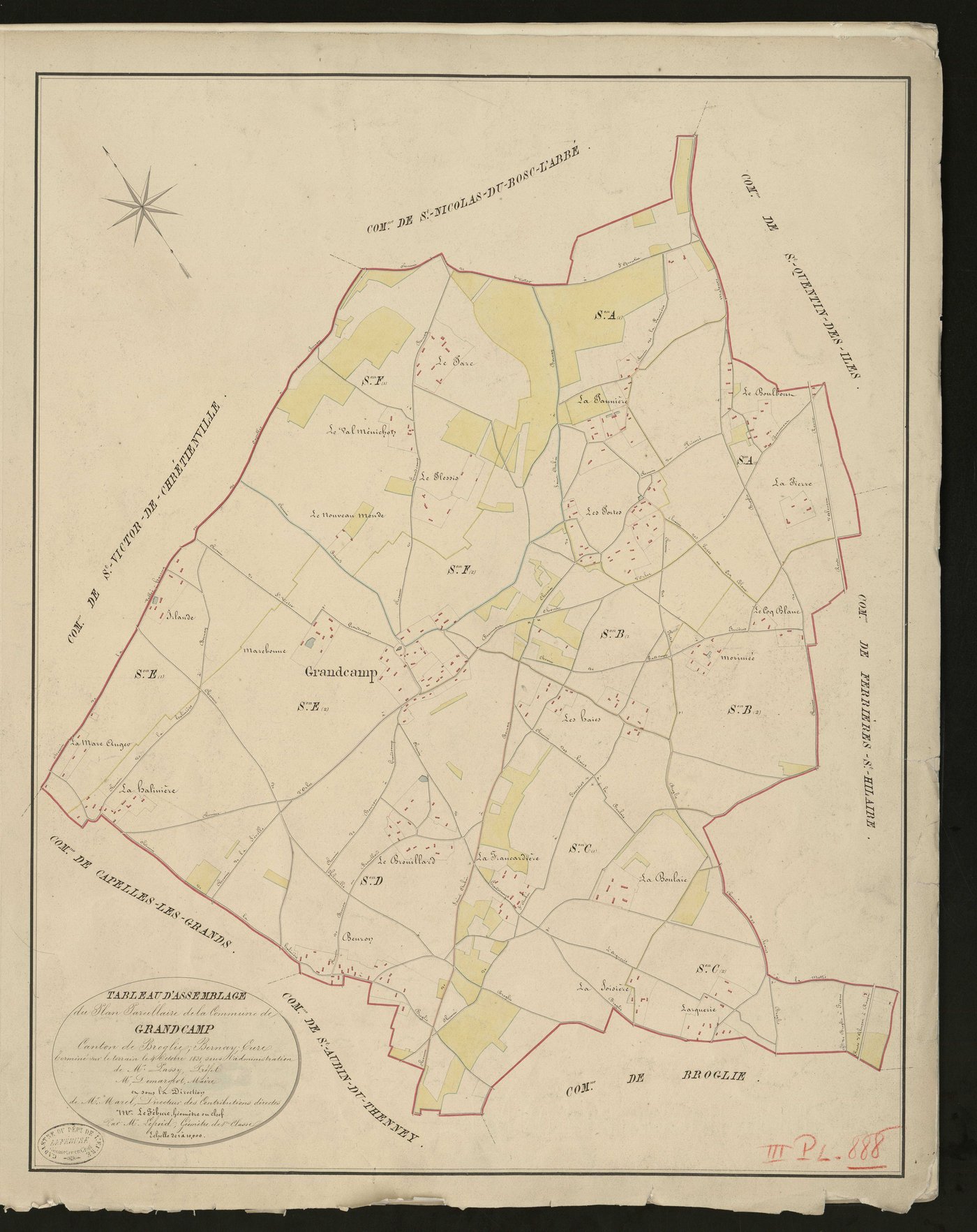 Grandcamp. Tableau d'assemblage _ du Plan Parcellaire de la Commune de _ Grandcamp _ Canton de Broglie - Bernay - Eure. _ Terminé sur le terrain le 4 octobre 1831 sous l'administration _ de Mr Passy, Préfet _ Mr Demargevt, Maire _ et sous l