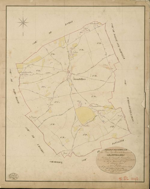 Grandvilliers. Tableau d'assemblage _ du Plan Parcellaire de la Commune de Grandvilliers _ Canton de Damville - Evreux - Eure. _ Terminé sur le Terrain le 9 Décembre 1839 , sous l'administration de M. de Monicault, Préfet _ M. Alleaunme, Ma