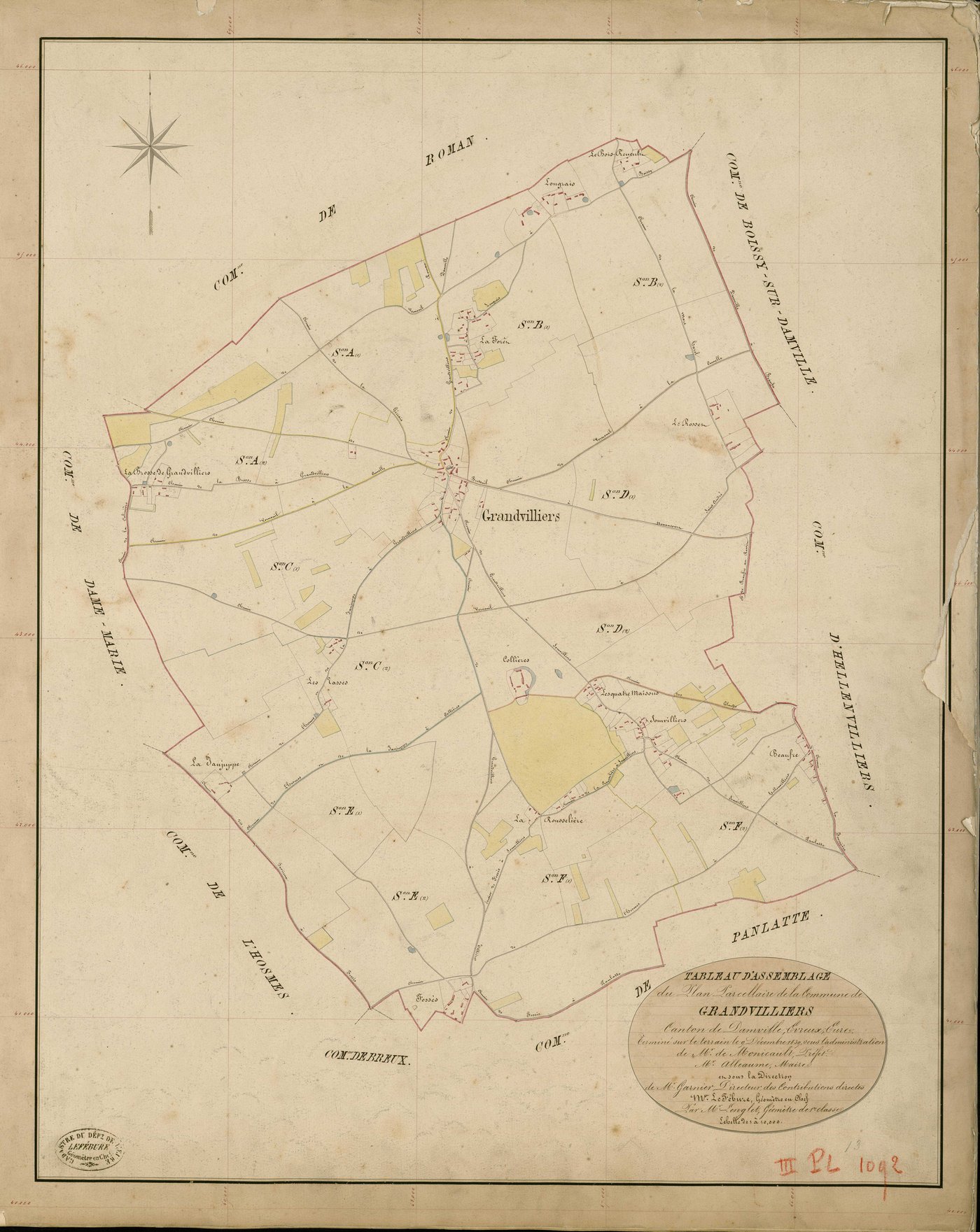 Grandvilliers. Tableau d'assemblage _ du Plan Parcellaire de la Commune de Grandvilliers _ Canton de Damville - Evreux - Eure. _ Terminé sur le Terrain le 9 Décembre 1839 , sous l'administration de M. de Monicault, Préfet _ M. Alleaunme, Ma