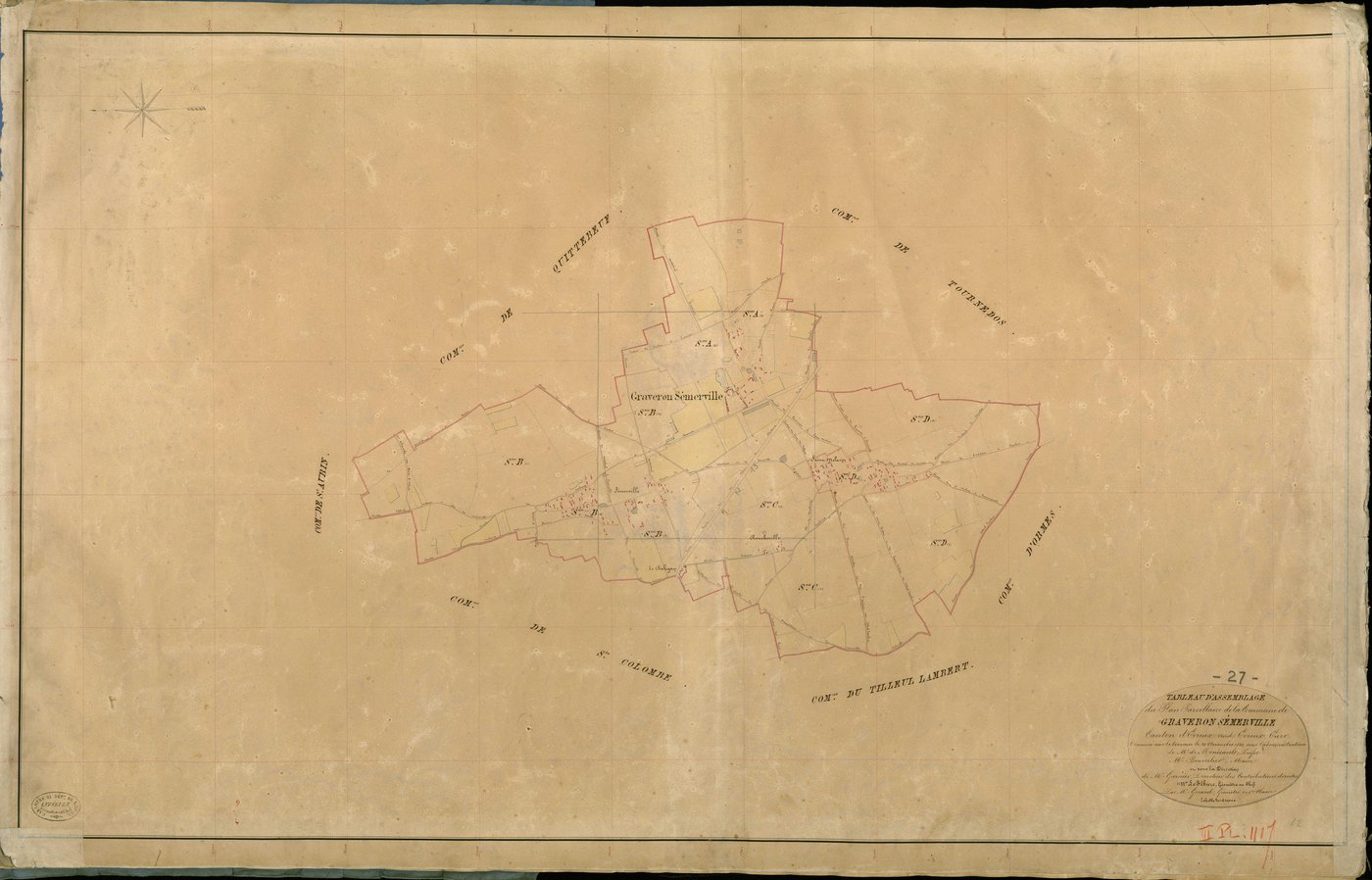 Graveron-Sémerville. Tableau d'assemblage _ du Plan Parcellaire de la Commune de Graveron Sémerville _ Canton de Evreux (nord) - Evreux - Eure. _ Terminé sur le Terrain le 20 Novembre 1840 , sous l'administration de M. de Monicault, Préfet 