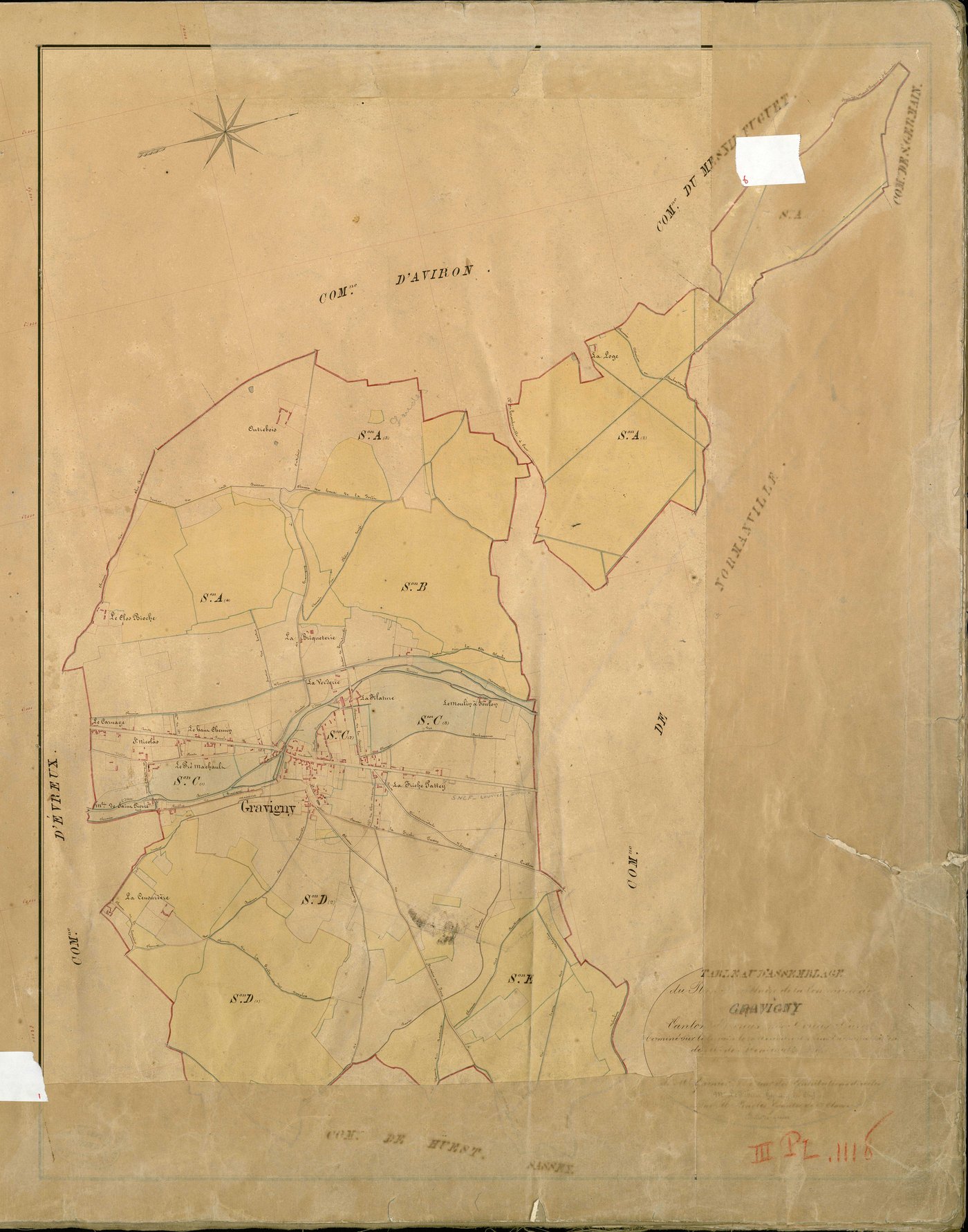 Gravigny. Tableau d'assemblage _ du Plan Parcellaire de la Commune de Gravigny _ Canton de Evreux (nord) - Evreux - Eure. _ Terminé sur le Terrain le 20 Novembre 1840 , sous l'administration de M. de Monicault, Préfet _ sous la Direction de