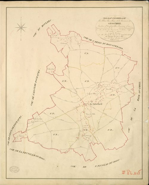 Gros-Theil (Le). Tableau d'assemblage _ du Plan Parcellaire de la Commune du Grostheil _ Canton d'Amfreville - Louviers - Eure. _ Terminé sur le Terrain en 1828 , sous l'administration de M. Le Vicomte Raymond Delaître , Préfet _ M. Assire,