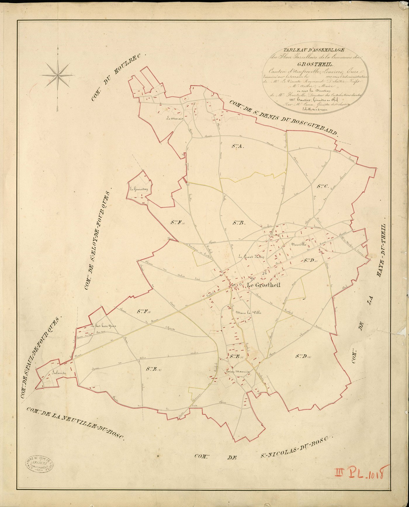 Gros-Theil (Le). Tableau d'assemblage _ du Plan Parcellaire de la Commune du Grostheil _ Canton d'Amfreville - Louviers - Eure. _ Terminé sur le Terrain en 1828 , sous l'administration de M. Le Vicomte Raymond Delaître , Préfet _ M. Assire,