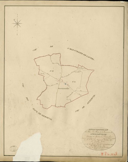 Guernanville. Tableau d'assemblage _ du Plan Parcellaire de la Commune de Guernanville _ Canton de Breteuil - Evreux - Eure. _ Terminé sur le Terrain en 1829 , sous l'administration de M. Le Vicomte Raymond Delaître , Préfet _ M. Cucuel, Ma
