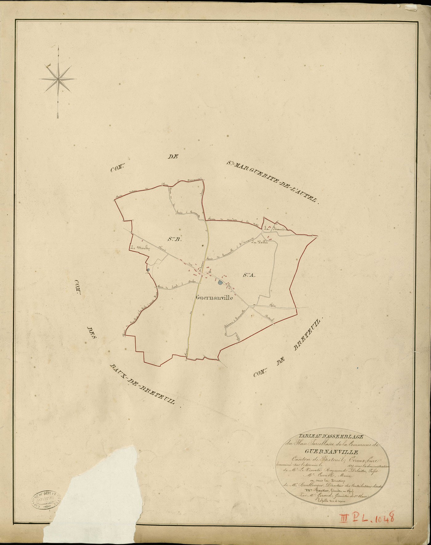 Guernanville. Tableau d'assemblage _ du Plan Parcellaire de la Commune de Guernanville _ Canton de Breteuil - Evreux - Eure. _ Terminé sur le Terrain en 1829 , sous l'administration de M. Le Vicomte Raymond Delaître , Préfet _ M. Cucuel, Ma