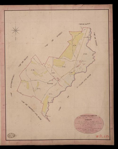 Guerny. Tableau d'assemblage du Plan Parcellaire de la Commune de Guerny. _ Canton de Gisors - Andelys - Eure. _ Terminé sur le terrain le 27 août 1840, sous l'administration de M. de Monicault, Préfet - M. Diévé, Maire et sous la direction
