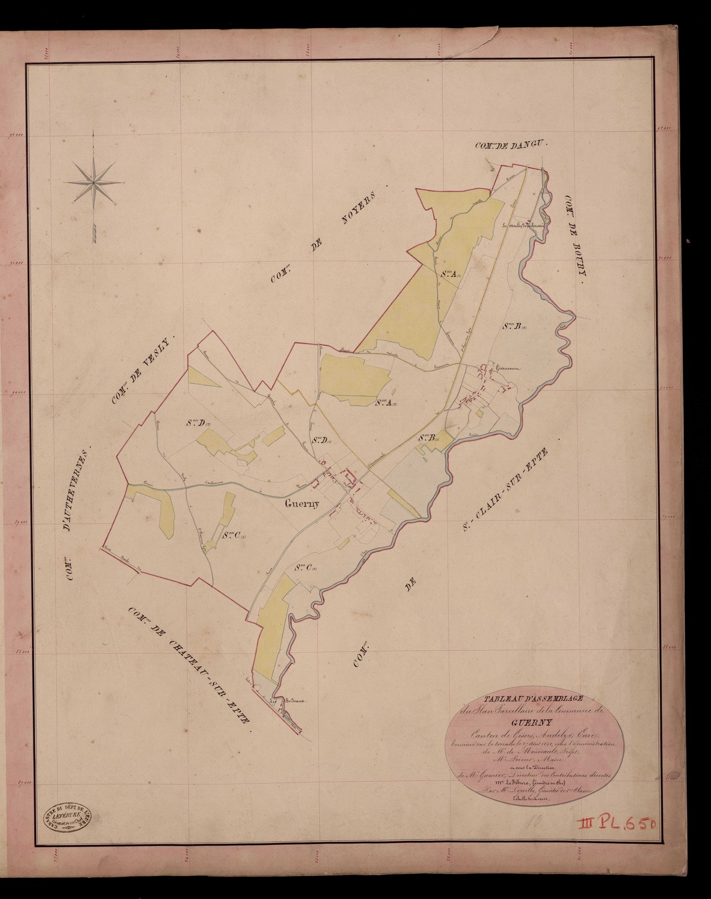 Guerny. Tableau d'assemblage du Plan Parcellaire de la Commune de Guerny. _ Canton de Gisors - Andelys - Eure. _ Terminé sur le terrain le 27 août 1840, sous l'administration de M. de Monicault, Préfet - M. Diévé, Maire et sous la direction