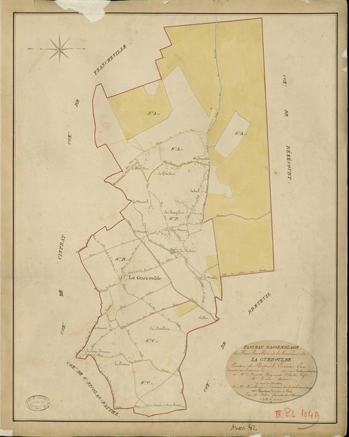 Guéroulde (La). Tableau d'assemblage _ du Plan Parcellaire de la Commune de la Gueroulde _ Canton de Breteuil - Evreux - Eure. _ Terminé sur le Terrain en 1829 , sous l'administration de M. Le Vicomte Raymond Delaître , Préfet _ M. Leveau, 
