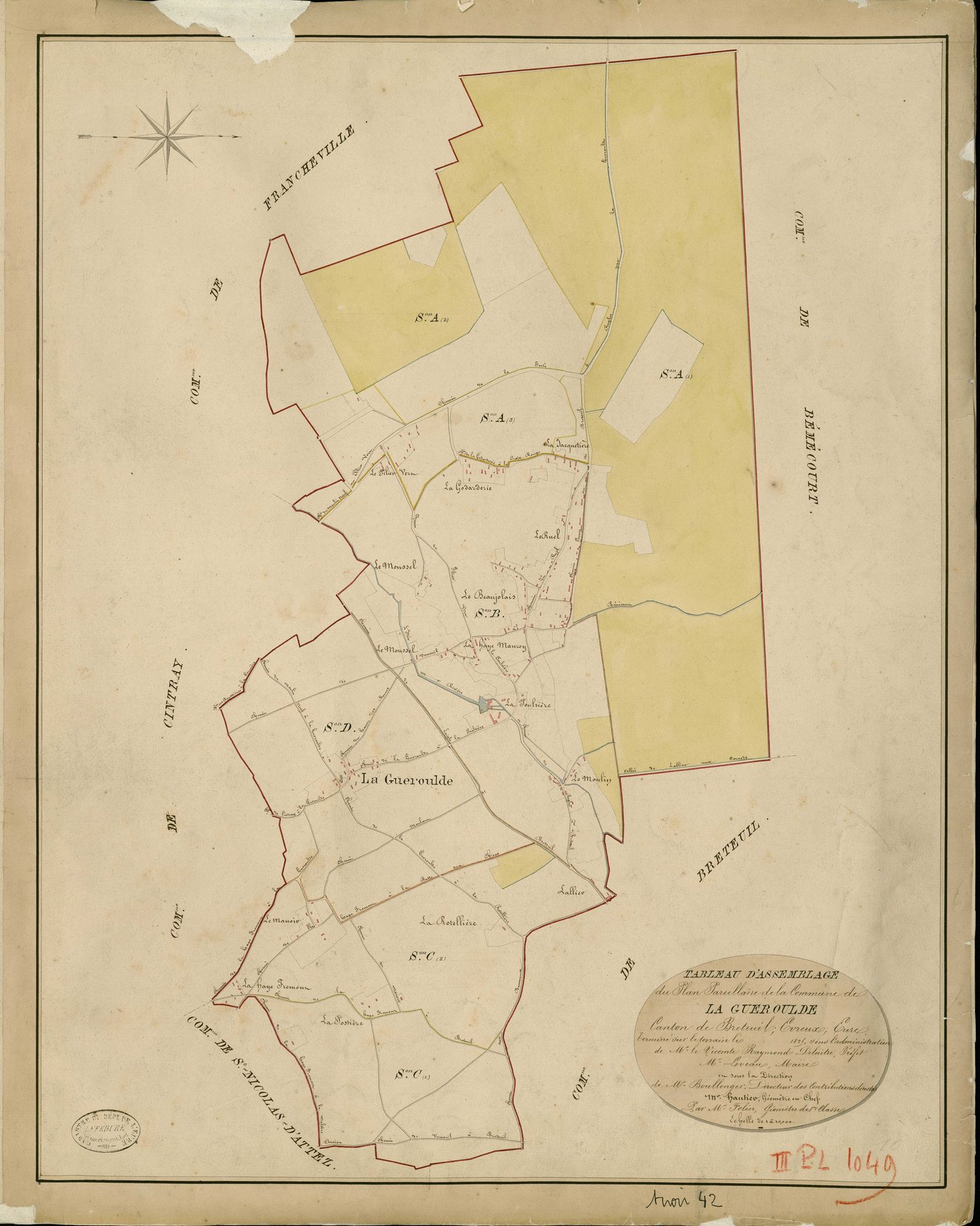Guéroulde (La). Tableau d'assemblage _ du Plan Parcellaire de la Commune de la Gueroulde _ Canton de Breteuil - Evreux - Eure. _ Terminé sur le Terrain en 1829 , sous l'administration de M. Le Vicomte Raymond Delaître , Préfet _ M. Leveau, 