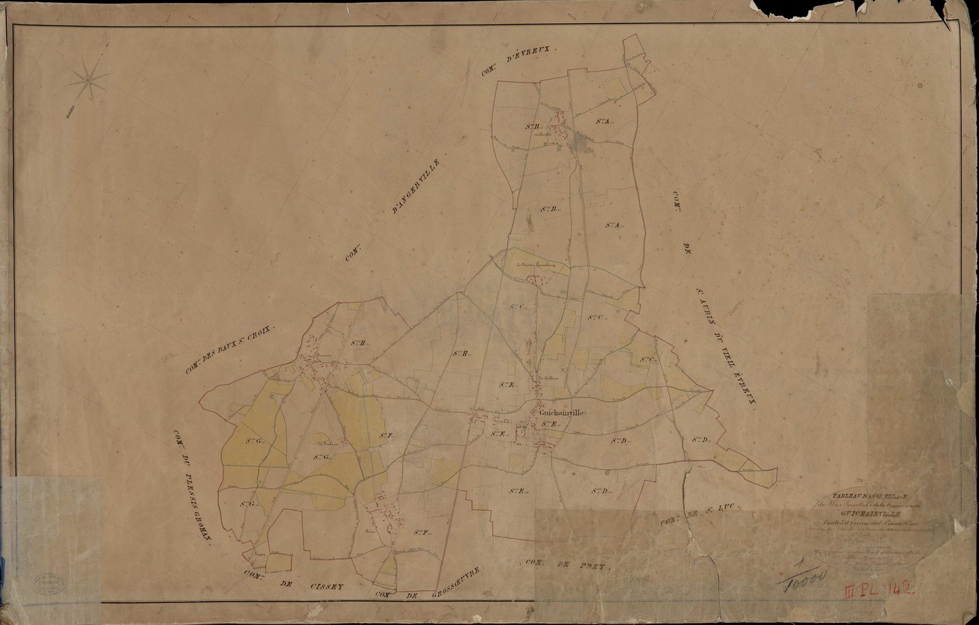 Guichainville. Tableau d'assemblage _ du Plan Parcellaire de la Commune de Guichainville _ Canton de Evreux Sud - Evreux - Eure. _ Terminé sur le Terrain le 5 Novembre 1841, sous l'administration de M. Zédé, Préfet _ M. Leroy, Maire _ sous 