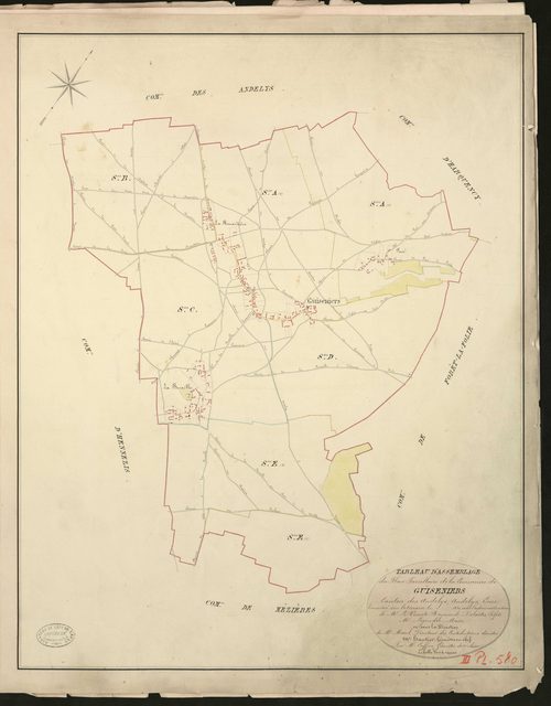 Guiseniers. Tableau d'assemblage du Plan Parcellaire de la Commune de Guiseniers. _ Canton des Andelys - Andelys - Eure. _ Terminé sur le terrain en 1830, sous l'administration de M. Le Vicomte Raymond Delaitre, Préfet - M. Legendre, Maire 