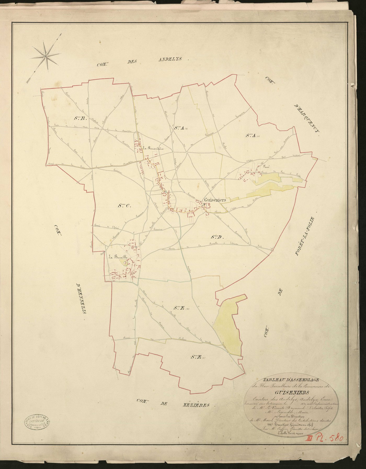Guiseniers. Tableau d'assemblage du Plan Parcellaire de la Commune de Guiseniers. _ Canton des Andelys - Andelys - Eure. _ Terminé sur le terrain en 1830, sous l'administration de M. Le Vicomte Raymond Delaitre, Préfet - M. Legendre, Maire 