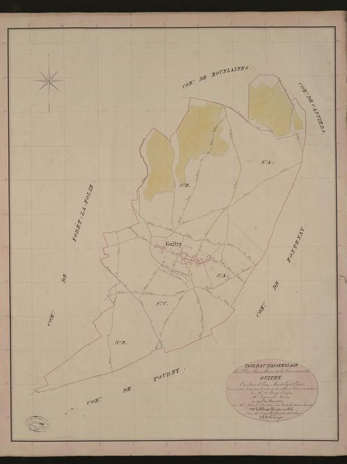 Guitry. Tableau d'assemblage du Plan Parcellaire de la Commune de Guitry. _ Canton d'Ecos - Andelys - Eure. _ Terminé sur le terrain le 8 novembre 1836, sous l'administration de M. A Passy, Préfet - M. Legrand, Maire et sous la direction de