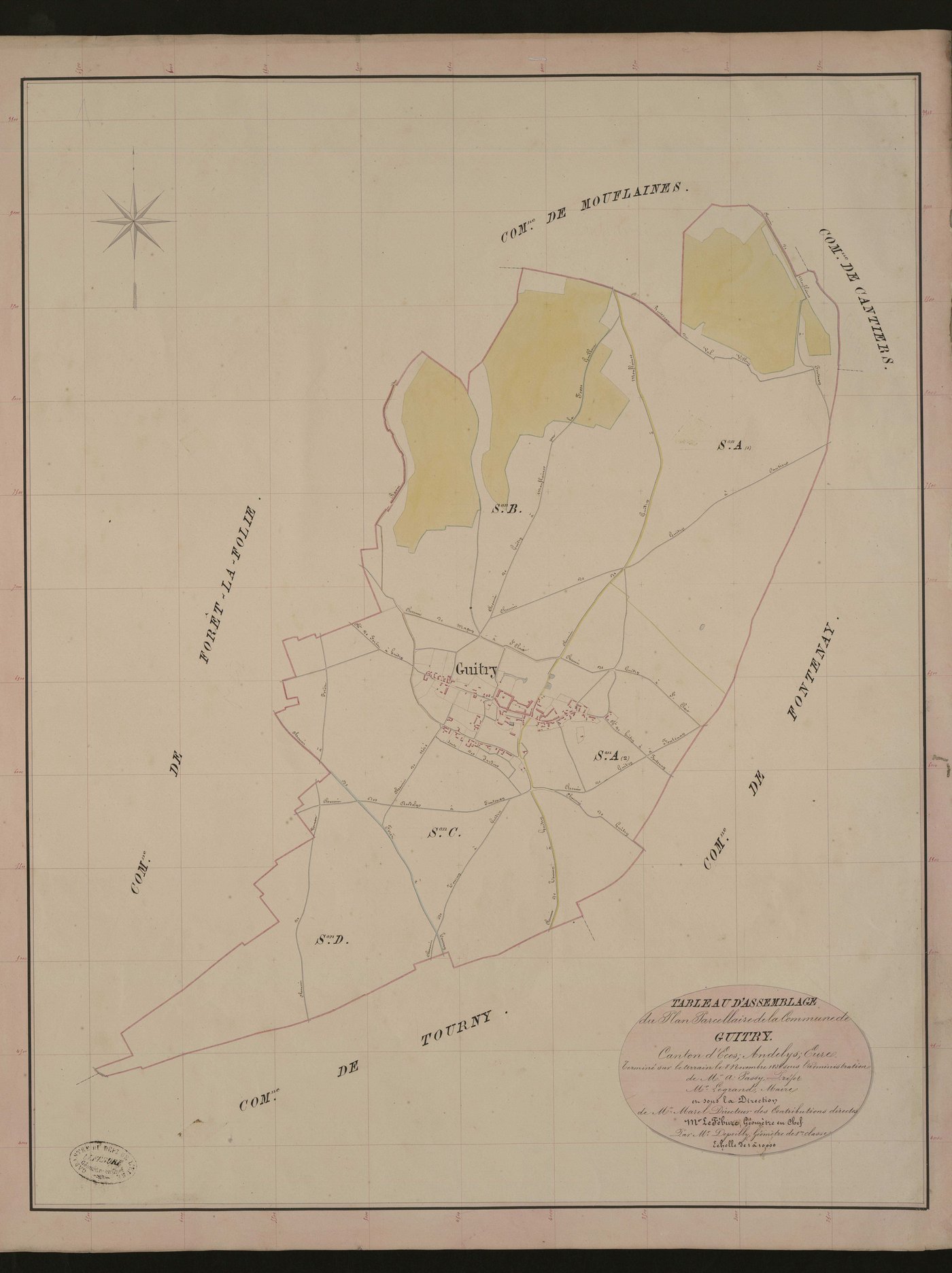 Guitry. Tableau d'assemblage du Plan Parcellaire de la Commune de Guitry. _ Canton d'Ecos - Andelys - Eure. _ Terminé sur le terrain le 8 novembre 1836, sous l'administration de M. A Passy, Préfet - M. Legrand, Maire et sous la direction de