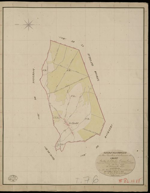 Habit (L'). Tableau d'assemblage _ du Plan Parcellaire de la Commune du Lhabit _ Canton de Saint André - Evreux - Eure. _ Terminé sur le Terrain le 11 Octobre 1837, sous l'administration de M. Passy, Préfet _ M. L'Hermeroult, Maire _ et sou