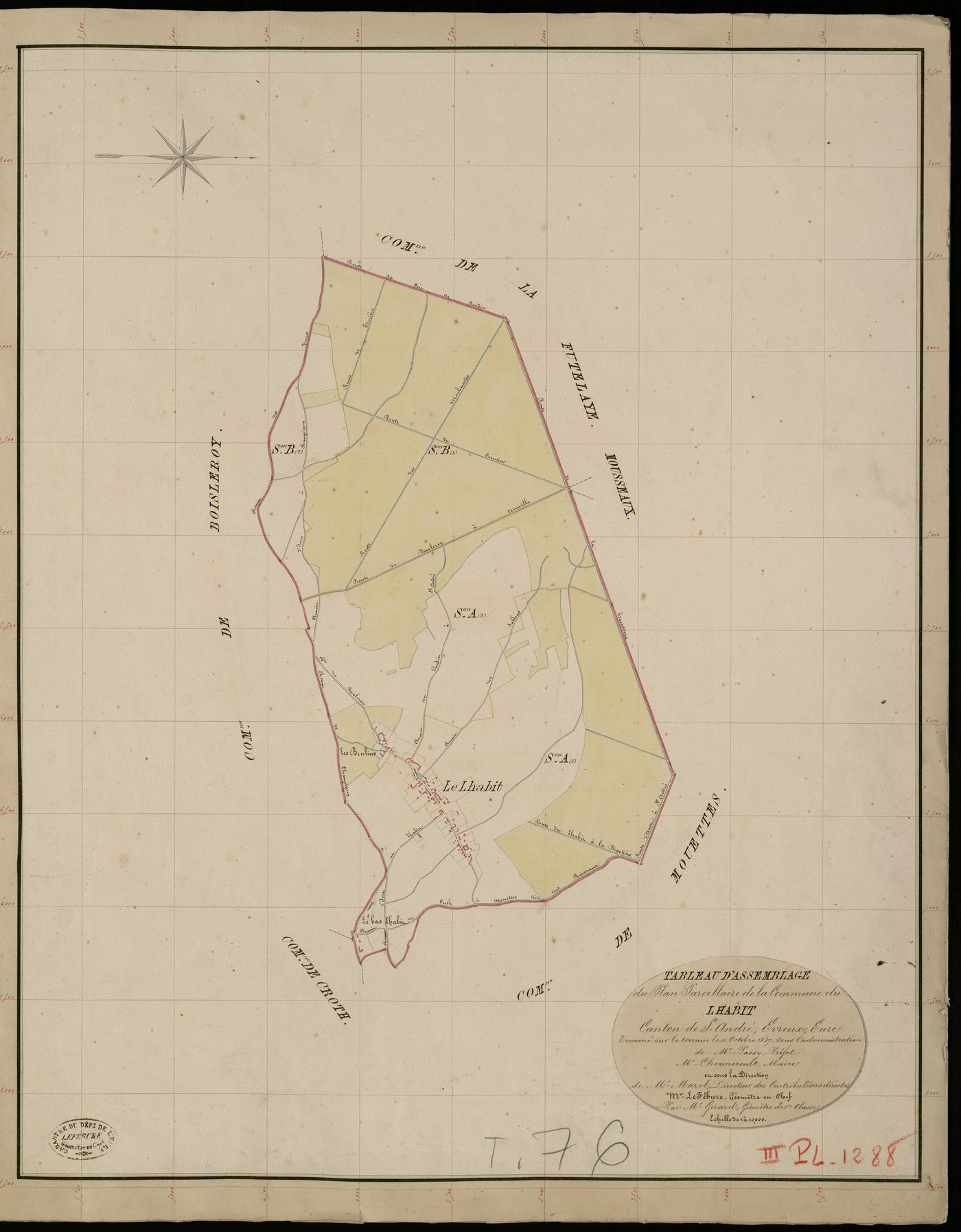 Habit (L'). Tableau d'assemblage _ du Plan Parcellaire de la Commune du Lhabit _ Canton de Saint André - Evreux - Eure. _ Terminé sur le Terrain le 11 Octobre 1837, sous l'administration de M. Passy, Préfet _ M. L'Hermeroult, Maire _ et sou