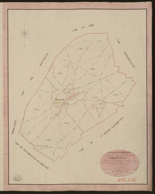 Hacqueville. Tableau d'assemblage du Plan Parcellaire de la Commune d'Hacqueville. _ Canton d'Etrépagny - Andelys - Eure. _ Terminé sur le terrain le 15 mai 1849, sous l'administration de M. Vallon, Préfet - M. Moreaux, Maire et sous la dir