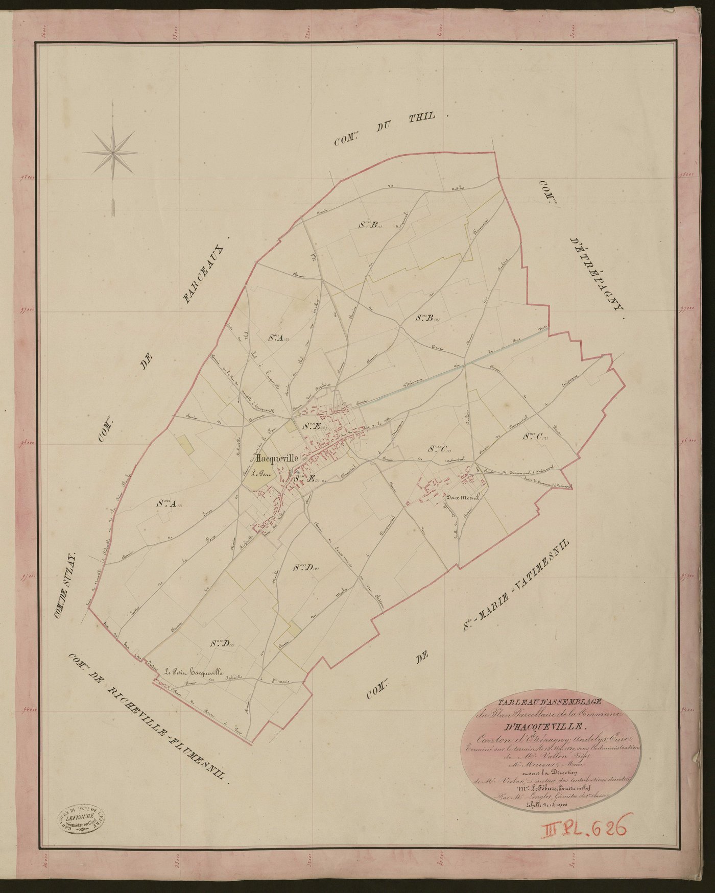 Hacqueville. Tableau d'assemblage du Plan Parcellaire de la Commune d'Hacqueville. _ Canton d'Etrépagny - Andelys - Eure. _ Terminé sur le terrain le 15 mai 1849, sous l'administration de M. Vallon, Préfet - M. Moreaux, Maire et sous la dir