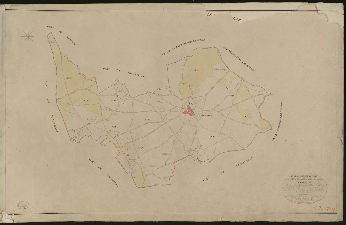 Harcourt. Tableau d'assemblage du Plan Parcellaire de la Commune d'Harcourt. _ Canton de Brionne - Bernay - Eure. _ Terminé sur le terrain en 1827, sous l'administration de M. Le Vicomte Raymond Delaitre, Préfet - M. Lecomte, Maire et sous 