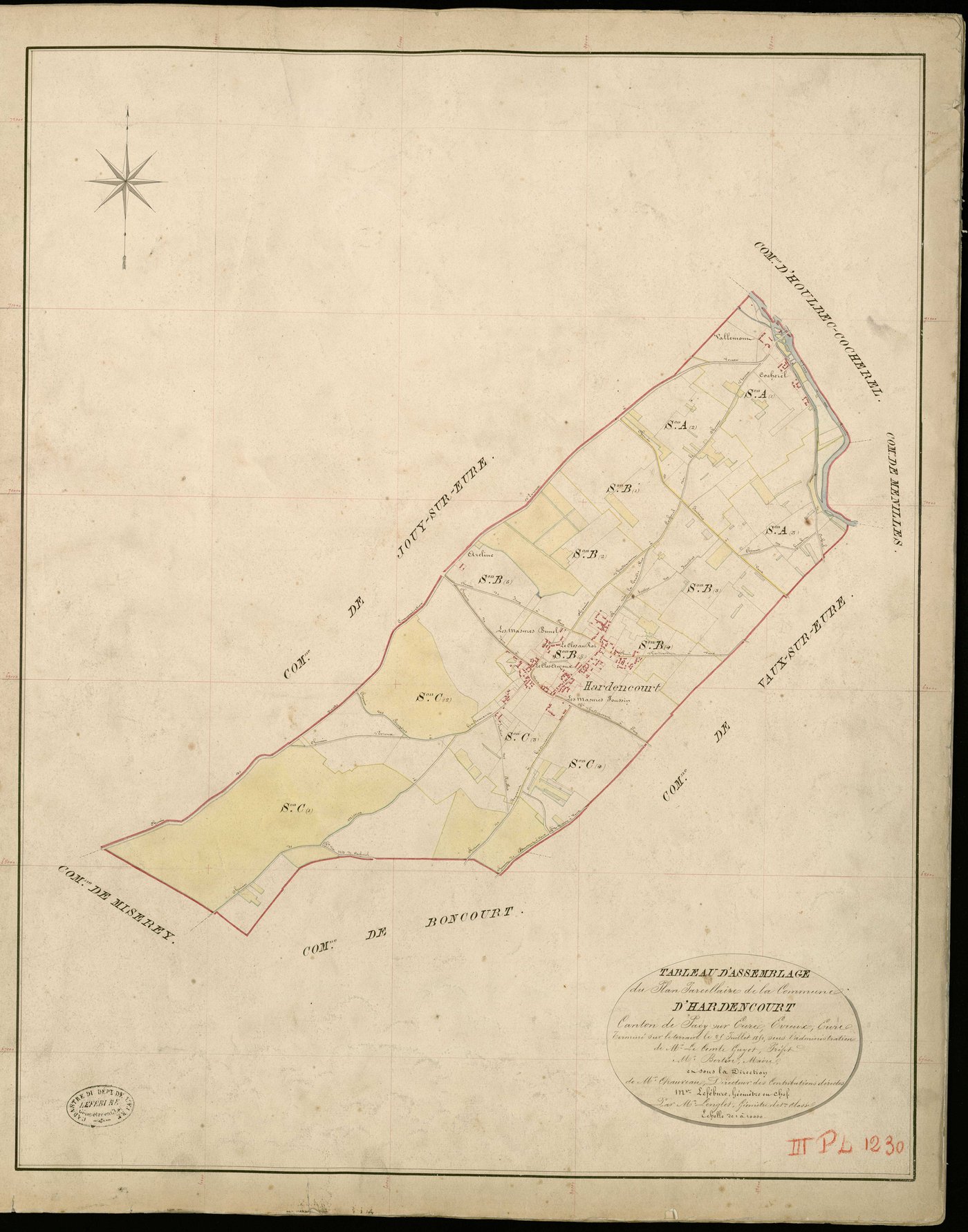 Hardencourt-Cocherel. Tableau d'assemblage _ du Plan Parcellaire de la Commune de Hardencourt _ Canton de Pacy sur Eure - Evreux - Eure. _ Terminé sur le Terrain le 25 Juillet 1851, sous l'administration de M. Le Comte Guyot, Préfet _ M. Be