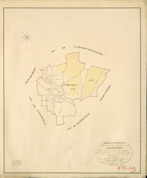 Harengère (La). Tableau d'assemblage _ du Plan Parcellaire de la Commune de La Harengère _ Canton d'Amfreville - Louviers - Eure. _ Terminé sur le Terrain en 1828 , sous l'administration de M. Le Vicomte Raymond Delaître , Préfet _ M. His, 