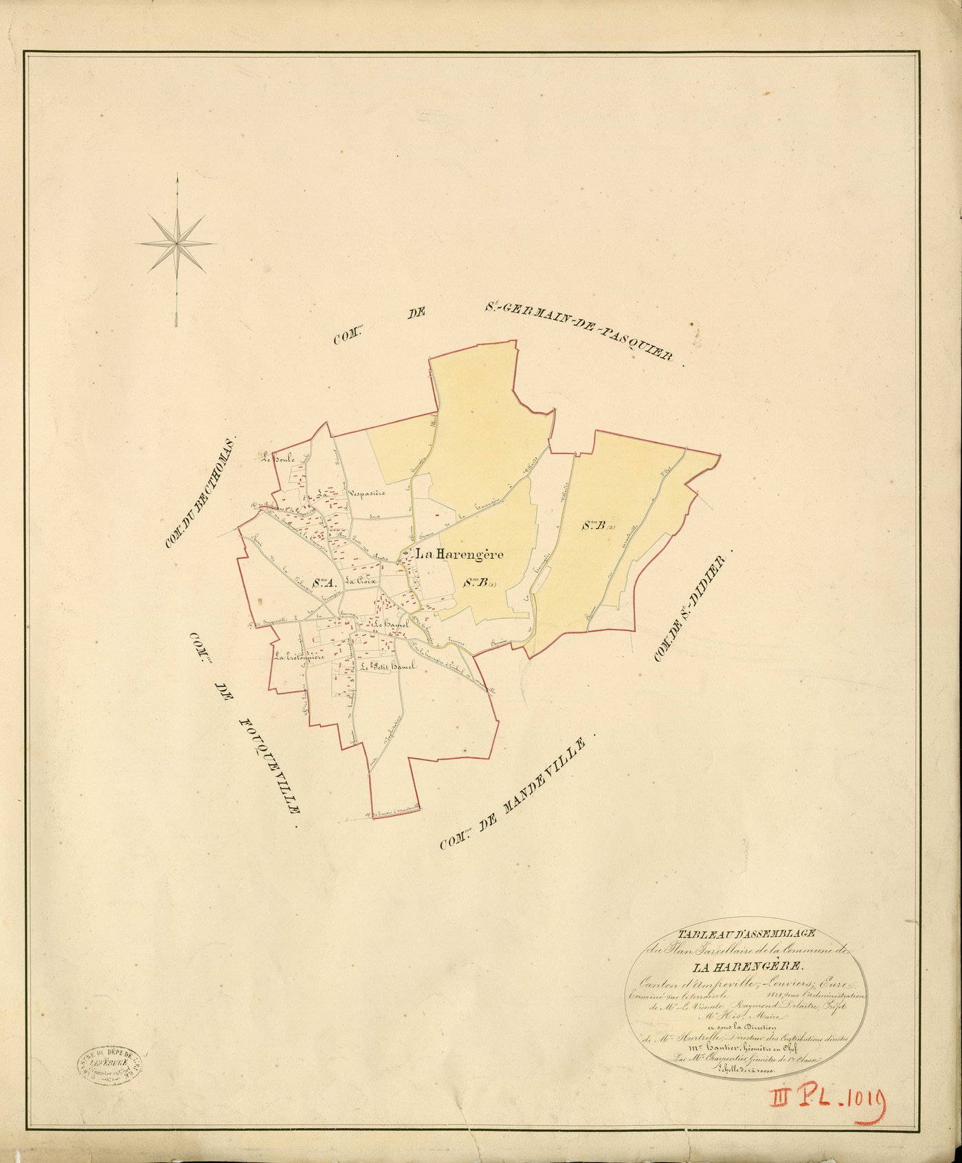 Harengère (La). Tableau d'assemblage _ du Plan Parcellaire de la Commune de La Harengère _ Canton d'Amfreville - Louviers - Eure. _ Terminé sur le Terrain en 1828 , sous l'administration de M. Le Vicomte Raymond Delaître , Préfet _ M. His, 