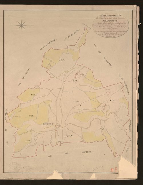 Harquency. Tableau d'assemblage du Plan Parcellaire de la Commune d'Harquency. _ Canton des Andelys - Andelys - Eure. _ Terminé sur le terrain en 1830, sous l'administration de M. Le Vicomte Raymond Delaitre, Préfet - M. Coutil, Maire et so