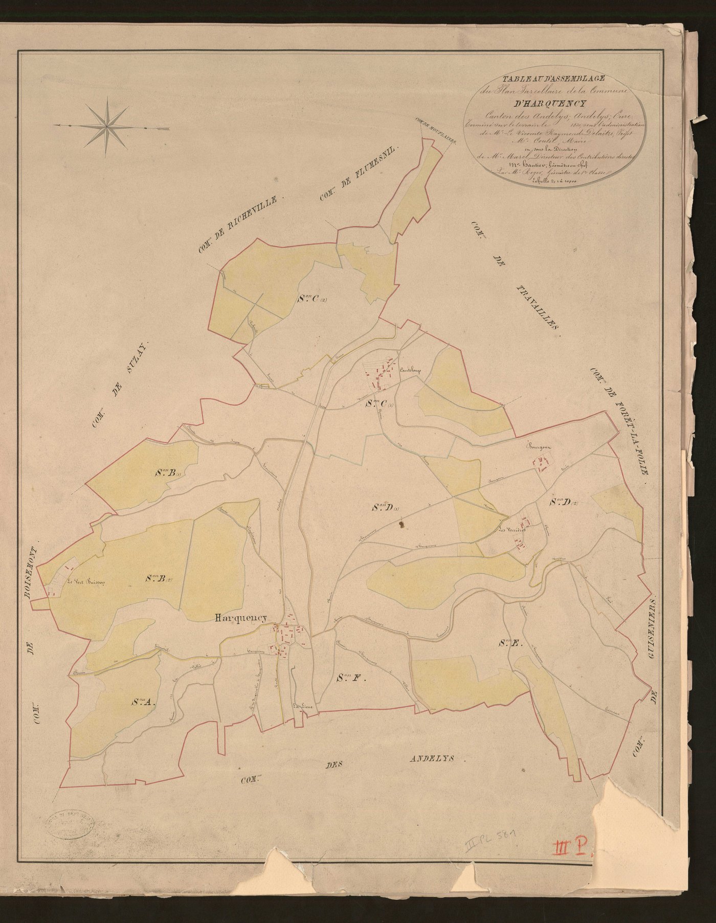 Harquency. Tableau d'assemblage du Plan Parcellaire de la Commune d'Harquency. _ Canton des Andelys - Andelys - Eure. _ Terminé sur le terrain en 1830, sous l'administration de M. Le Vicomte Raymond Delaitre, Préfet - M. Coutil, Maire et so