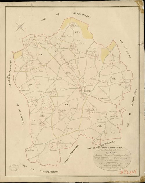 Hauville. Tableau d'assemblage _ du Plan Parcellaire de la Commune de Hauville _ Canton de Routot - Pontaudemer - Eure. _ Terminé sur le Terrain en 1826 , sous l'administration de M.Le Vicomte Raymond Delaitre, Préfet _ M. Sarvalle, Maire _