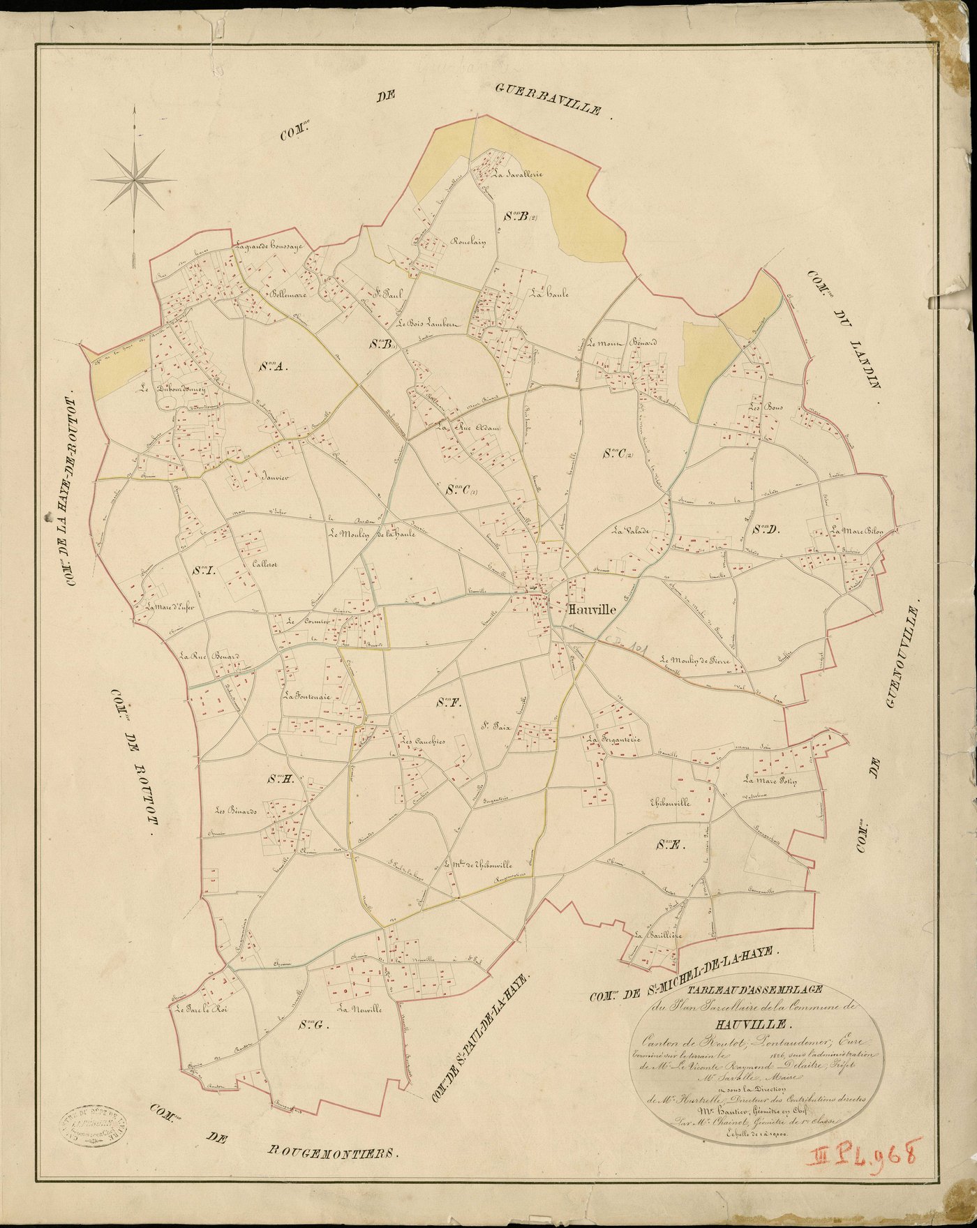 Hauville. Tableau d'assemblage _ du Plan Parcellaire de la Commune de Hauville _ Canton de Routot - Pontaudemer - Eure. _ Terminé sur le Terrain en 1826 , sous l'administration de M.Le Vicomte Raymond Delaitre, Préfet _ M. Sarvalle, Maire _