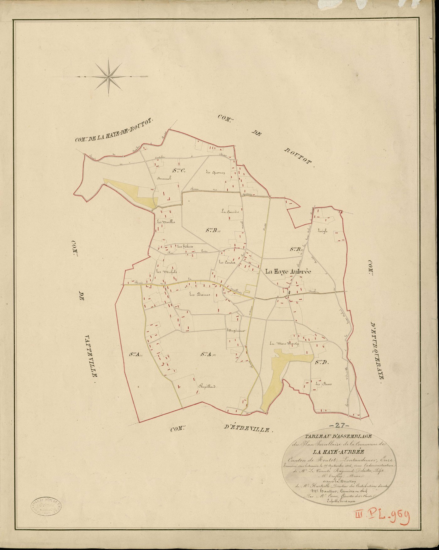 Haye-Aubrée (La). Tableau d'assemblage _ du Plan Parcellaire de la Commune de La Haye-Aubrée _ Canton de Routot - Pontaudemer - Eure. _ Terminé sur le Terrain le 25 septembre 1826 , sous l'administration de M.Le Vicomte Raymond Delaitre, Pr
